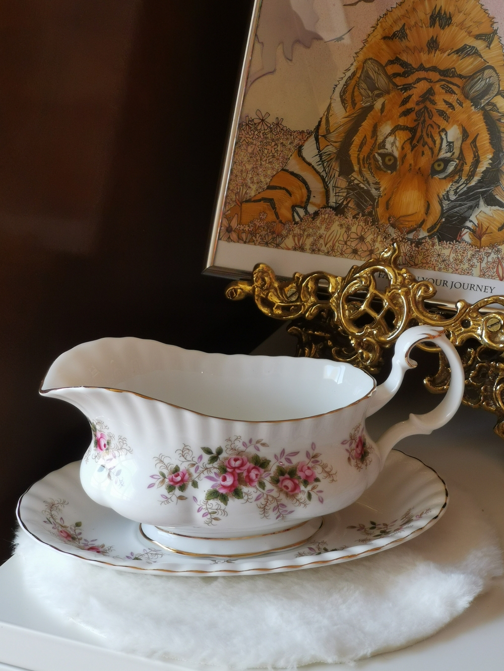 Royal Albert White Porcelain Gravy Boat And Saucer with Pink Rose Sprays